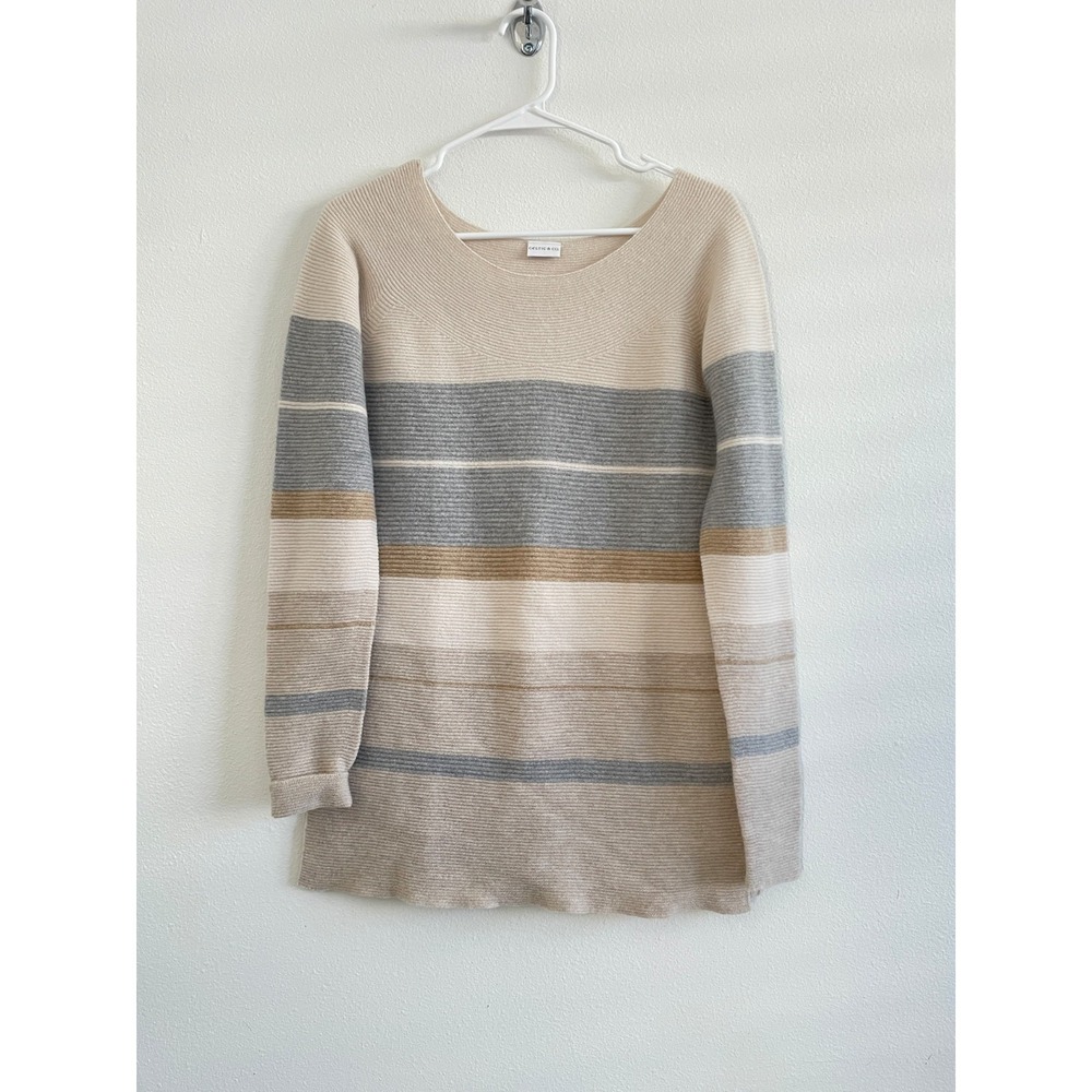 Celtic & Co Sweater Women S‎ Gray Striped Boatneck Tunic 100% Wool Apres Ski